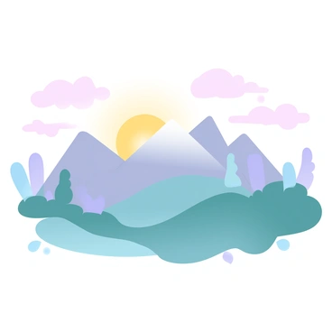 A mountain range with peaks silhouetted against the early morning sky. The sun is just above the horizon, casting warm golden light that gradually spreads across the landscape. Soft pastel colors blend in the sky, transitioning from deep purple to light pink and pale yellow. The mountains are covered in lush greenery, with a few scattered trees dotting the foreground. Wisps of clouds float lazily in the sky, catching the sunlight and reflecting hints of color. A serene atmosphere is portrayed as the light bathes the landscape, creating an uplifting mood.