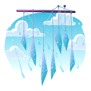 A gentle breeze flowing through a set of intricate wind chimes made of metal and glass. The chimes are suspended from a wooden beam, and their delicate strands sway gracefully in the wind. Visible sound waves ripple outwards from the chimes, depicted as colorful, undulating lines in the air. The background features a bright blue sky with a few fluffy white clouds, enhancing the scene's tranquility. Light reflects off the chimes, creating sparkling highlights that accentuate their shapes.