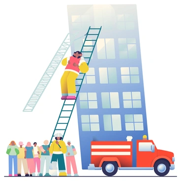 Firefighters in bright yellow uniforms are working diligently as they assist people out of a tall building. The building is of modern architecture, with large glass windows reflecting the sunlight. An extended ladder is reaching out from a red fire truck parked nearby, providing a safe passage for individuals being rescued. One firefighter is helping a woman with dark hair and a red shirt down the ladder, while another firefighter is at the base of the ladder, ensuring safety. In the background, a crowd of onlookers is gathered at a safe distance, watching the rescue operation unfold. The scene conveys urgency and teamwork amid the emergency situation.