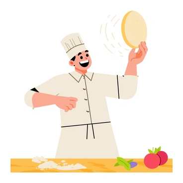 A pizza chef wearing a white apron and a tall chef hat is energetically spinning a circular piece of dough high in the air. The dough is slightly translucent and has flour dusting on its surface. Surrounding the chef is a wooden countertop with a scattering of white flour, and a few fresh ingredients like tomatoes and basil are placed nearby. The chef has a joyful expression, focusing on the spinning dough, while specks of flour are caught in the air, catching the light.