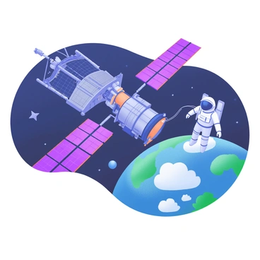 A detailed illustration of an intricate space station orbiting Earth. The space station features multiple interconnected modules and solar panels reflecting sunlight. In the foreground, two astronauts in space suits are conducting a spacewalk, tethered to the station. They are floating against the backdrop of a beautiful view of Earth, showcasing blue oceans and white clouds. Stars are visible in the dark expanse of space surrounding the scene.