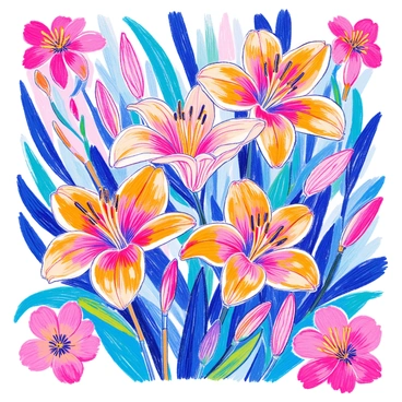 A seamless pattern features an arrangement of "tiger lilies" with bold orange and black markings. Each flower is depicted with "intricate line details" highlighting the delicate petals and intricate stamen. The background is filled with lush green leaves that provide contrast to the vibrant flowers. The composition is balanced, with flowers spaced evenly throughout the design, creating a harmonious and continuous flow.
