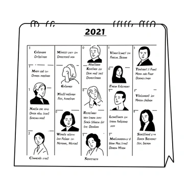 A wall calendar displayed prominently on a flat surface. Each month features a distinct portrait of a famous historical figure. The top section of the calendar shows the month and year in a bold font. Below each portrait, there is a brief description of the individual’s contributions in fine print. The figures include leaders, scientists, and artists, each depicted in a stylized, detailed manner that captures their essence. The calendar pages are neatly arranged, showcasing the full view with a clean, organized layout.