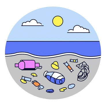 A beach covered with various types of marine debris, including plastic bottles, discarded fishing nets, and colorful wrappers. The sand has patches of gray and brown, and the shoreline is lined with scattered pieces of trash. In the background, the ocean is a vibrant blue, with gentle waves lapping against the shore. The sun is shining brightly, creating a stark contrast between the clean, beautiful water and the littered beach. The sky is clear with a few fluffy white clouds floating above.