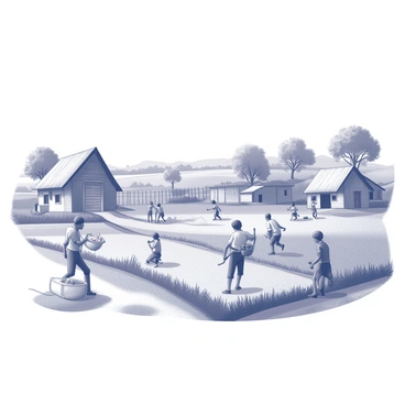 A rural village scene filled with activity. In the foreground, several locals are engaged in farming, using traditional tools to cultivate the land. A man carries a basket filled with fresh produce, while a woman tends to a small vegetable patch. Nearby, a group of children are playing, running around in a field, while another local is repairing a fence. In the background, traditional houses with thatched roofs are positioned along a dirt path, with trees and fields stretching out into the horizon. The sky is clear and expansive.