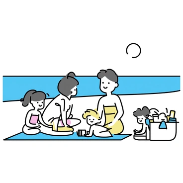 A family is enjoying a sunny day at the beach. The scene includes two adults and two children, all wearing colorful swimwear. The adults are sitting on a large beach towel, while the children are playing in the sand nearby. Next to them, there is a large beach bag, visibly filled with several towels, a bottle of sunscreen, and an assortment of snacks. In the background, the ocean waves are gently lapping at the shore under a clear blue sky.