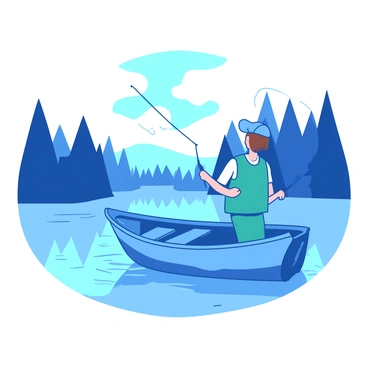 A blue small boat is gently floating on a white lake. A person wearing a teal fishing vest is standing at the edge of the boat, casting a fishing line into the water. The person has short brown hair and is wearing a blue cap. In the background, there are silhouettes of trees reflecting on the lake's surface, creating a calming atmosphere. The sky above is a gradient of blue and white, adding to the tranquil scene.