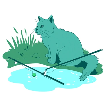 A teal cat is sitting beside a white pond, gazing intently at its own reflection in the water. The cat has bright green eyes and a fluffy tail that is curled around its paws. Next to the cat, there is a white fishing rod resting on the grass, with a small teal bobber attached to the line. The surface of the pond is calm, with gentle ripples reflecting the surrounding greenery. In the background, there are tall grasses swaying lightly in the breeze, completing the tranquil scene.