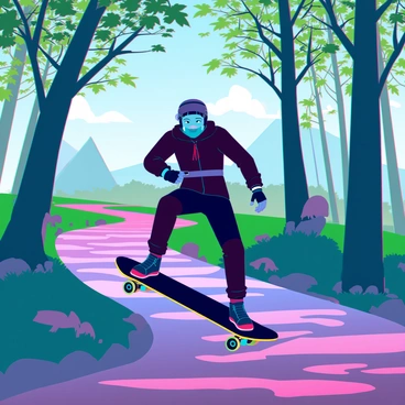 A longboarder with short hair wearing a sleek black helmet and protective gear is skillfully navigating through winding forest trails. The trail is surrounded by tall trees with lush green leaves filtering sunlight, creating dappled patterns on the ground. The longboard has a vibrant graphic design and large wheels, effortlessly rolling over the uneven terrain. In the background, hints of distant mountains are visible through the tree trunks, and small wildlife can be seen peeking out from the underbrush. The atmosphere captures a sense of adventure and speed as the longboarder leans into a turn.
