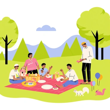 A vibrant park scene featuring several families having a picnic on a green grassy area. One family consists of two mothers and their children, a boy and a girl, sitting on a red checkered blanket. A second family includes a father, a mother, and their two sons, with a picnic basket open beside them and plates of food scattered around. Another family, composed of a single father and his daughter, is playing frisbee nearby, while their picnic setup includes colorful balloons. In the background, trees with lush green leaves provide shade, and a few squirrels can be seen scavenging for crumbs. The sky is clear blue with a few fluffy white clouds.