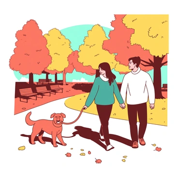 A couple is walking a brown dog on a leash in an orange and yellow park. The couple consists of a woman wearing a teal jacket and a man in a white sweater. They are holding hands as they stroll along a path covered with fallen leaves. The trees surrounding them are bursting with autumn colors, and there are benches along the pathway. The dog is happily wagging its tail, with its ears perked up, enjoying the fresh air. Sunlight filters through the trees, casting soft shadows on the ground.