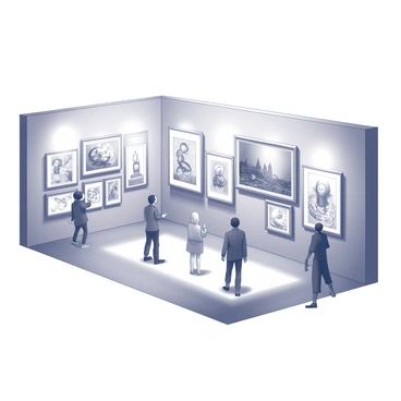 A museum exhibit displays a variety of art pieces. On one side, there are several intricate AI-generated artworks, featuring complex geometric patterns and abstract forms. Each piece is framed elegantly and labeled for identification. Next to these, traditional works hang on the walls, including classic paintings and sculptures, showcasing techniques such as oil painting and marble carving. Visitors can be seen walking through the space, observing the contrast between the innovative AI creations and the timeless traditional art pieces. The lighting is bright and focused on the artworks, enhancing their details and textures.