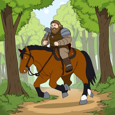 A stout dwarf with a braided beard and wearing a sturdy set of armor sits confidently atop a powerful horse. The horse, muscular and sleek, gallops through a dense forest trail surrounded by tall, lush trees with vibrant green leaves. Sunlight filters through the foliage, creating dappled patterns on the ground. Gimli's expression is focused and determined as he grips the reins tightly, with his shield hanging at his side and an axe strapped to his back. The forest floor is covered with fallen leaves and twigs, enhancing the scene's natural feel.