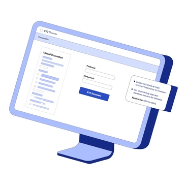 A computer screen displays a sleek customer portal interface designed for KYC updates and document uploads. The main area of the screen features a clean layout with clear sections for user information, and KYC documents. Prominent buttons for "Upload Document" and "Update Information" are visible. Below these buttons, there are fields for entering personal details, such as name, address, and identification numbers. A progress indicator is located at the top, showing the status of the document upload process. On the side, there is a notification panel displaying recent alerts related to KYC updates.