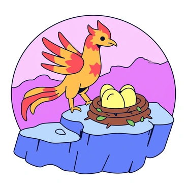 A phoenix with vibrant orange and red feathers stands proudly on a rocky cliffside. Its wings are slightly spread, showcasing intricate feather details and an aura of warmth. The nest, made of twigs and leaves, sits securely in a crevice of the cliff, cradling a collection of glowing eggs that emit a soft, golden light. The rocky surface of the cliff is rugged, with shadows highlighting its texture. The background features hints of a sunset sky, with hues of purple and pink blending together.