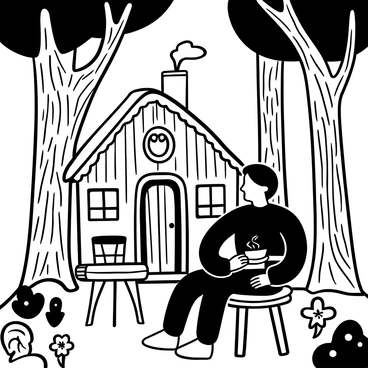 Frankenstein's monster is sitting in front of a rustic cabin nestled in a secluded forest, surrounded by tall trees with intricate bark textures. The cabin has wooden walls and a thatched roof, with smoke gently rising from the chimney. Various plants and wildflowers grow around the cabin, adding detail to the scene. A small wooden table with a steaming cup rests on the porch, and a lantern hangs from the cabin's eave, casting a warm glow over the area as evening approaches.