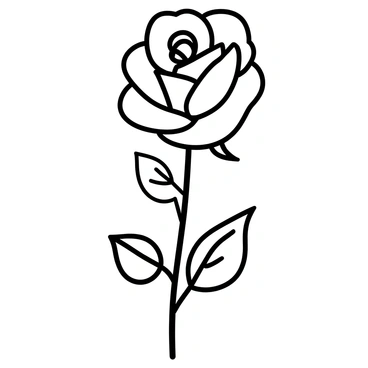 A vintage illustration of a "rose" with detailed, intricate lines. The rose features multiple layers of petals, each exhibiting delicate veining and subtle shading. The leaves surrounding the flower are also intricately detailed, showcasing the texture of their surfaces. The composition includes a slender stem that connects the flower to the ground, with thorns noticeable along its length.