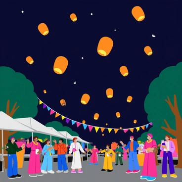 A vibrant festival scene with numerous floating lanterns rising into the night sky. The lanterns emit warm, soft glows in shades of orange and yellow, casting gentle light on the surrounding area. Below, people of various ages and backgrounds are gathered, some holding lanterns while others are taking photographs. Colorful decorations and banners hang from nearby trees, adding a festive atmosphere. The dark night sky is speckled with twinkling stars, enhancing the magical feel of the scene.