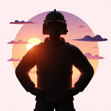 A firefighter, wearing a black helmet and a protective fire suit, stands firmly with hands on hips. The silhouette is highlighted against a dramatic sunset sky filled with vibrant hues of orange, purple, and red. The firefighter's posture conveys a sense of determination and readiness, while the sun sets low on the horizon, casting a warm glow that contrasts with the dark figure. In the background, wispy clouds are painted in shades of pink and gold, enhancing the intensity of the scene.