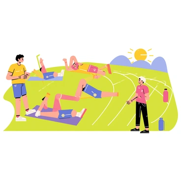 A group of athletes is performing leg raises on a green track field. Each athlete has a focused expression as they lift their legs while lying on colorful mats. The sun is shining brightly, casting shadows on the ground. In the background, there are running lanes and a clear blue sky. A coach stands nearby, watching and providing encouragement. Some athletes are wearing bright sportswear, and their water bottles are placed on the grass beside them.