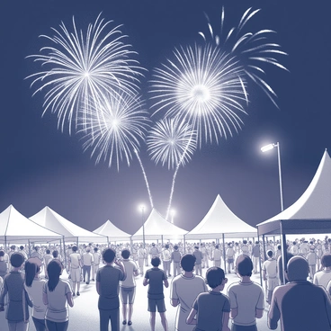 A vibrant festival scene is set against a dark night sky. In the foreground, groups of people are gathered, celebrating with joyful expressions. Colorful tents and stalls are visible, with lights illuminating the area. Above them, fireworks are exploding in various shapes and sizes, creating bursts of light and patterns in the sky. In the background, a sonic boom effect creates ripples through the air, adding a dynamic element. The crowd reacts to the booming sound, some looking up in awe at the display.