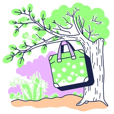 A skateboard bag with leaf patterns is hanging from a tree branch. The bag is visibly detailed with intricate leaf designs. The branch is sturdy and thick, extending horizontally from a tall tree. Surrounding the branch, there are vibrant green leaves fluttering softly in a gentle breeze. Sunlight filters through the canopy, casting dappled shadows on the ground covered with earthy tones. In the background, other trees rise up, creating a rich forest atmosphere.