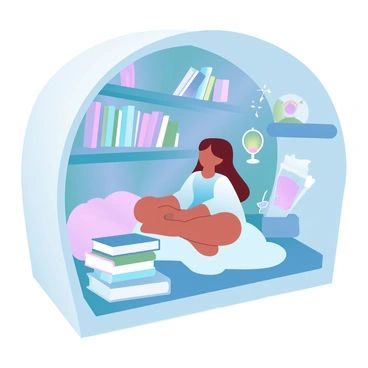 A child is sitting cross-legged in a cozy nook of an old bookstore. The child is surrounded by towering bookshelves filled with a variety of books in different colors and sizes. A warm, soft blanket is draped around the child, providing comfort. Nearby, a stack of colorful books rests on the floor, and a small reading lamp emits a gentle glow. The nook is adorned with plush cushions that create an inviting atmosphere. A few whimsical decorations, such as a small globe and an hourglass, are placed on a nearby shelf.