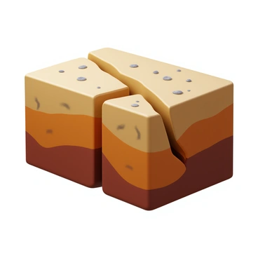 A cross-section view of the earth's subsurface showing a reverse fault. The rock layers are depicted in various earthy tones, with clear delineations of the fault line. The upper block of rock is pushed upwards over the lower block, illustrating the movement characteristic of a reverse fault. Small geological features like mineral veins and scattered pebbles are visible within the layers. Subtle shading and texture enhance the three-dimensional appearance of the rock formations in the underground setting.