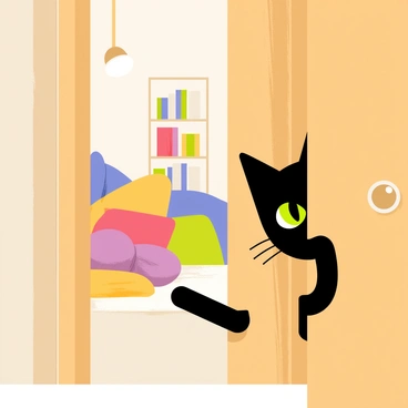 A black cat with bright green eyes peeking through a slightly open wooden door. The door has a warm brown finish and soft light spills from the cozy room beyond. Inside the room, there are colorful cushions scattered on a plush rug. A small bed is positioned in the corner, and a bookshelf filled with various books can be seen. The atmosphere is inviting, with a lamp gently illuminating the space, casting soft shadows on the walls.