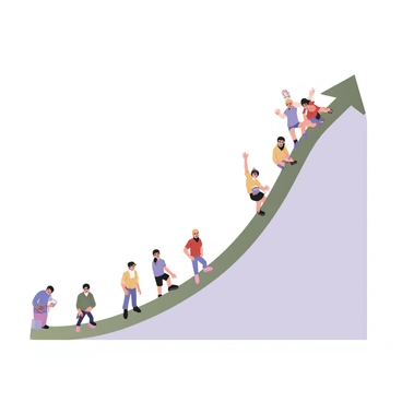 A digital flat illustration depicting a detailed curve graph with a smooth, ascending line representing skill acquisition. The graph is set against a plain background, and it features several people climbing along the curve. On the left side of the graph, a person with short hair and a blue shirt is positioned at the base, looking upward, representing the initial stage of learning. As the curve rises, more individuals are visible at different heights on the line, each wearing varying colored clothing. Some are using climbing gear, while others are climbing with determination. At higher points on the graph, a person wearing sunglasses and a yellow shirt is celebrating their achievement, while another person in a red shirt is helping a friend ascend. The overall visual conveys a sense of progression and effort in skill acquisition.
