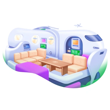 A sleek executive jet with a futuristic design is showcased in the image. The jet's exterior has a glossy white finish with elegant silver accents. The cabin interior is visible through large windows, revealing plush seating arranged in a spacious layout. Soft beige leather couches with embroidered patterns are complemented by a modern wooden table in the center. Personal screens embedded into the seats display customized interfaces. Warm LED lighting casts a welcoming glow throughout the interior, highlighting the luxurious details. An overhead display shows flight information, while unique artwork adorns the walls, reflecting the owner's personal taste.