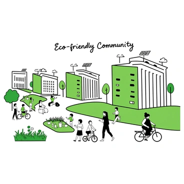 A cartoon depicting a vibrant eco-friendly community in Bangalore. The scene includes several modern buildings with green roofs and vertical gardens, showcasing a blend of nature and architecture. Various trees and shrubs are placed around the buildings, creating a lush environment. People are walking and riding bicycles along pathways, interacting with one another. Some children are playing near a community garden filled with vegetables and flowers. In the background, solar panels are visible on the rooftops, emphasizing the community's commitment to sustainability. "Eco-friendly Community" is written in playful lettering above the scene.