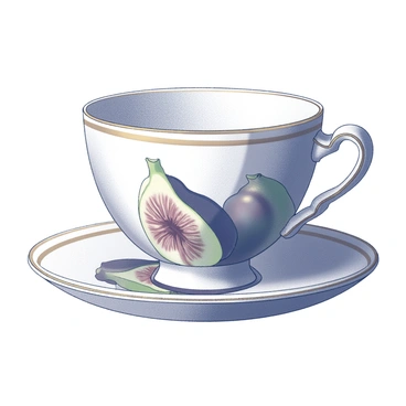 A vintage teacup sits elegantly atop a matching saucer. The teacup features a delicate shape with a gracefully curved handle. Both the teacup and saucer are adorned with intricate, hand-painted figs, showcasing detailed textures and shapes of the fruit. The rims of the teacup and saucer are embellished with a fine golden line, adding a touch of refinement to the overall design. The set appears to be placed on a smooth surface, highlighting its vintage charm.