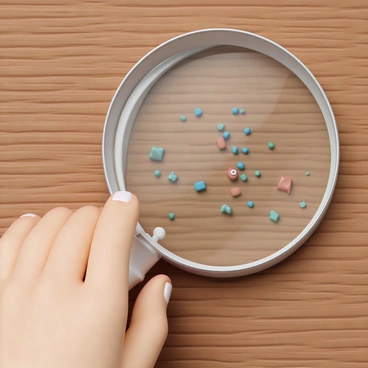 A human hand, with light brown skin and neatly manicured nails, is gripping a shiny silver magnifying glass. The glass is positioned above a wooden table, and through the lens, tiny colorful microplastics are clearly visible. The microplastics are scattered across the table's surface, displaying various colors such as blue, red, and green. The table has a rich, warm brown texture, adding contrast to the vibrant microplastics seen through the magnifying glass. The scene captures the intricate details of the tiny particles, emphasizing their presence on the table.