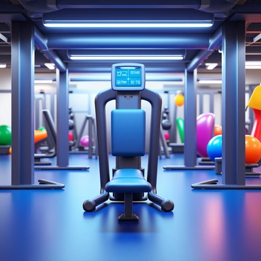 A futuristic gym interior with sleek, metallic surfaces and advanced lighting. In the center, there is a high-tech leg extension machine that has an ergonomic design. The machine features a digital display screen showing real-time statistics, such as weight, repetitions, and time. Surrounding the machine, there are modern workout stations and vibrant exercise equipment. The atmosphere is filled with the energy of fitness activities, showcasing a blend of technology and physical training.