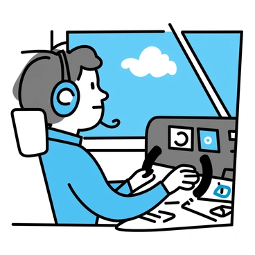 A pilot, wearing a navy blue flight suit and headset, is seated in a modern cockpit filled with various instruments and controls. His hands are firmly gripping the yoke, and his eyes are intensely focused on the array of dials and screens in front of him. The cockpit is illuminated by the soft glow of instrument lights, revealing buttons and switches surrounding the pilot. The view outside the cockpit window shows a bright blue sky with a few fluffy clouds floating by.