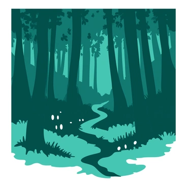A teal forest with tall, dense trees creates a sense of enclosure and mystery. Shadows stretch across the forest floor, emphasizing the dark atmosphere. Among the trees, a few pairs of glowing white eyes are visible, peering out from the underbrush. The light from the eyes creates a stark contrast against the dim surroundings, adding to the eerie ambiance of the scene. Wisps of fog linger close to the ground, giving the forest an ethereal quality. A narrow, winding path disappears into the depths of the forest, inviting curiosity about what lies ahead.