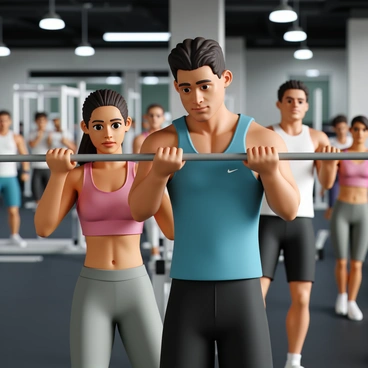 A fitness competition scene featuring multiple athletes engaged with lat pulldown machines. In the foreground, a muscular man, wearing a blue tank top and black shorts, focuses intensely as he pulls down on the bar with both hands. His brow is furrowed in concentration, and beads of sweat glisten on his forehead. Next to him, a determined woman in a red sports bra and gray leggings demonstrates proper form, her eyes locked on a mirror in front of her. In the background, additional athletes are using various lat pulldown machines, each showcasing their strength. The gym is filled with bright lights, and the atmosphere is charged with energy and competition.