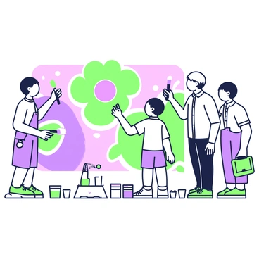 A team of students is actively painting a mural on a school wall. The mural features large, colorful shapes and designs. Each student is engaged in their task, with one girl holding a paintbrush and applying green paint in a wide stroke, while another boy is mixing different shades of purple on a palette. Several paint cans are scattered on the ground, and a teacher is standing nearby, observing and providing guidance. The teacher has short hair and is wearing a button-up shirt, with a clipboard in hand. Bright sunlight casts shadows on the wall as the students focus on their artwork.