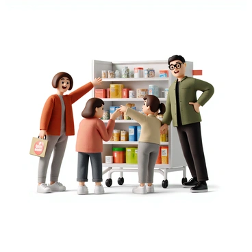 A group of diverse shoppers in a brightly lit store, showing varied expressions of excitement and urgency. One shopper, a woman with short brown hair wearing a red sweater, stretches her arm toward a shelf filled with products. Another shopper, a tall man with glasses and a green jacket, leans in closely, trying to grab a discounted item just out of reach. A third shopper, a young girl holding a shopping basket, looks on with wide eyes. The shelf is stocked with colorful boxes and labels, with a prominent “Discount” tag on the last item.