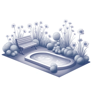 A garden filled with various types of flowers, each exhibiting unique shapes and details. In the center of the garden, there is a small pond, with ripples on the surface reflecting the surrounding flora. Beside the pond, a wooden bench is positioned, showcasing a rustic texture and joined by an arrangement of plants nearby. There are elements of greenery throughout the space, including bushes and trees that frame the garden, creating a natural enclosure.