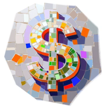 A detailed mosaic artwork featuring a large dollar sign as the central motif. The dollar sign is created from an arrangement of tiny, colorful tiles, each reflecting light in a different way. The tiles vary in shades of green, gold, and silver, creating a sense of depth and texture. The background is composed of contrasting tiles in rich blues and reds, which enhance the prominence of the dollar sign. The overall composition is balanced, with the dollar sign dominating the center and intricate patterns of smaller tiles surrounding it.