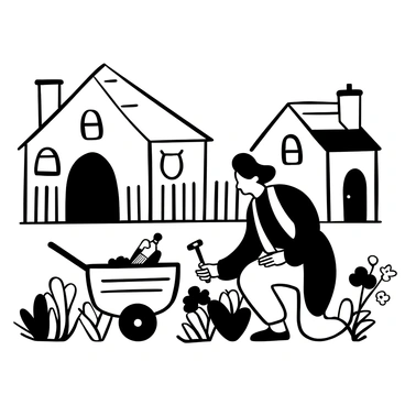 A man dressed in colonial attire, including a long coat and a tricorn hat, is kneeling beside a small garden. He is carefully tending to various plants with a gardening tool in hand. The garden is surrounded by a wooden picket fence, and a few blooming flowers can be seen among the greenery. In the background, there are colonial-style buildings with brick facades and chimney stacks. A wooden wheelbarrow is placed nearby, filled with gardening supplies. The scene has a tranquil atmosphere, with details of the colonial setting enhancing the overall composition.