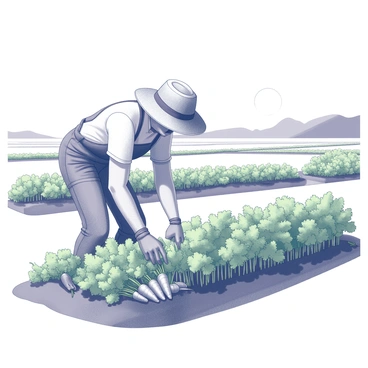 An organic farmer is bending over to gather freshly grown vegetables from the ground. The farmer wears a wide-brimmed straw hat and is dressed in sturdy work clothes, with dirt smudges on the knees. Surrounding the farmer are rows of vibrant green plants, with a variety of vegetables like carrots and tomatoes visibly nestled among the foliage. The sky above is clear, with the sun shining brightly, casting distinct shadows on the ground. In the background, there are patches of farmland with neatly organized rows extending into the distance.