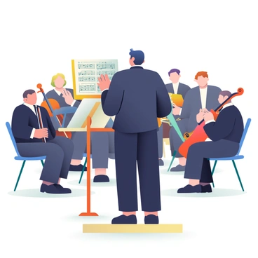 A conductor adjusting the sheet music on a stand in front of a symphony orchestra