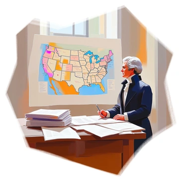 A detailed map of the United States depicting the territories involved in the Louisiana Purchase. In the foreground, Thomas Jefferson, a man with light skin and dark hair, is standing with a quill in hand, looking thoughtfully at the map. He is dressed in an 18th-century style coat and waistcoat. Surrounding him are stacks of papers and documents relating to the purchase, with various map markers indicating key locations. The background features a wooden desk and a large window, through which soft light is streaming in.