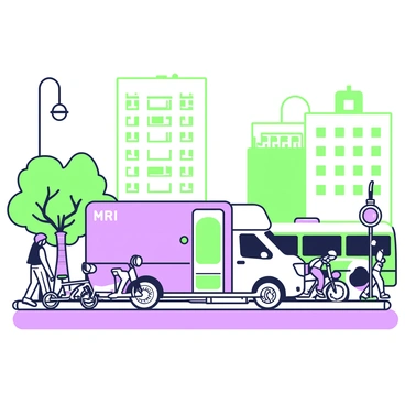 A mobile MRI unit is parked on a busy urban street. The vehicle is large and clearly marked with "MRI" on its side. Surrounding the unit are several pedestrians walking by, some looking curiously at the mobile unit. Nearby, there are tall buildings with windows reflecting sunlight. A couple of bicycles are parked against a nearby lamppost. In the background, a city bus is stopped at a bus stop, and a tree is visible on the sidewalk, providing some shade.