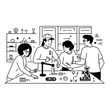 A diverse group of teens is gathered around a large work table in a bright classroom. They are focused on assembling a robot with various mechanical parts scattered around them. One teen, wearing a baseball cap, is holding a screwdriver and tightening a bolt on the robot's arm. Another teen, with curly hair, is reading instructions from a manual while a third teen, wearing glasses, is connecting wires. The walls of the classroom are lined with shelves filled with tools, gears, and electronic components, and large windows let in plenty of light. The atmosphere is filled with collaboration and excitement as they work together on their project.