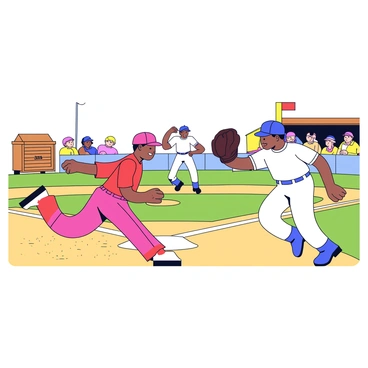 A baseball field scene captures a tense moment at home plate. A runner in a red jersey slides into home plate, kicking up a cloud of dust behind him. The catcher, wearing a white uniform, crouches low with his glove extended to tag the runner. In the background, a wooden dugout is partly visible, and a few spectators can be seen in the stands, their expressions filled with anticipation. The sun casts a warm glow over the scene, highlighting the details of the players' uniforms.