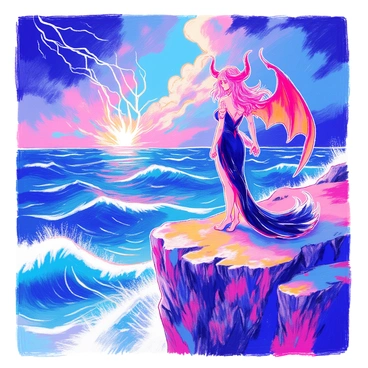 A succubus with long flowing hair and intricate horns stands confidently on a rocky cliff. She is wearing a form-fitting dark dress that billows dramatically in the wind. Her wings are partially extended, showcasing their delicate yet powerful structure. Below her, the sea churns violently with crashing waves, and the sky is filled with dark, swirling storm clouds. Lightning strikes in the distance, illuminating the scene with flashes of light. The atmosphere is charged with energy as the succubus gazes out over the tumultuous waters.